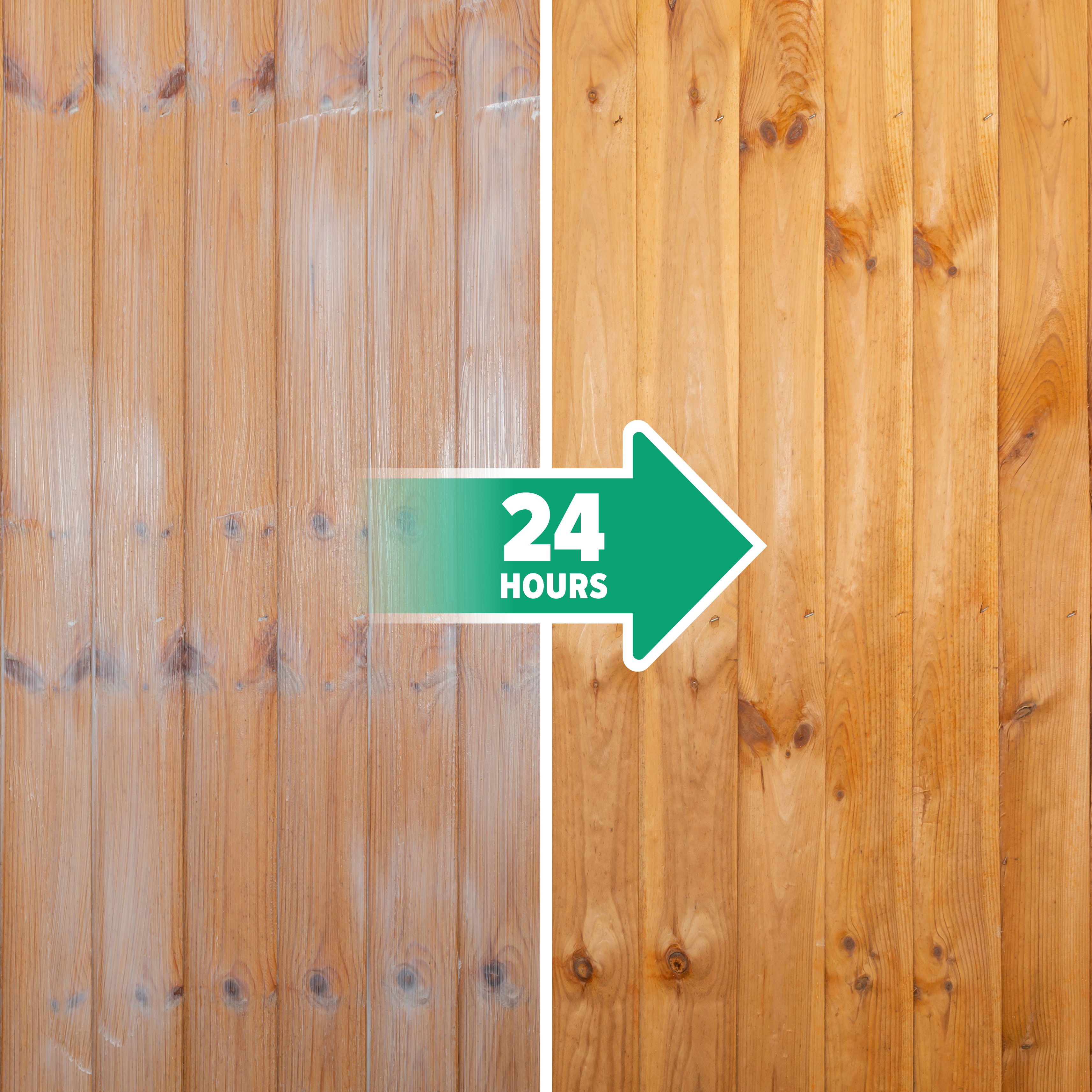 A comparison of Roxil Wood Protection Cream on a wooden fence. On the left side, the white cream is visible as it has just been applied. On the right side, it has fully soaked in.