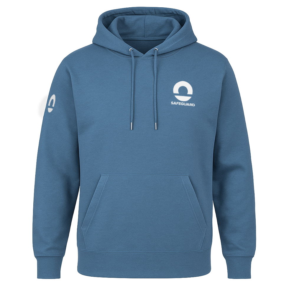 Safeguard Hoodie, in mindful blue. White background.
