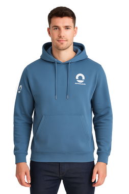 Phil the male model wears Safeguard Pullover Hoodie in Mindful Blue. White background.