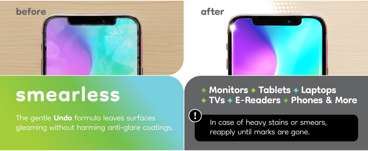 For smear-free monitors, tvs, tablets, laptops, e-readers, phones and more