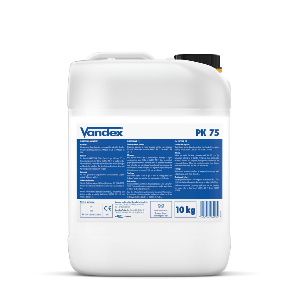 Vandex PK75 is a liquid polymer that is added to Vandex BB75 to form an elasticised waterproofing slurry known as Vandex BB75E.