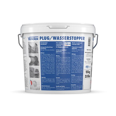 A 15 kg tub of Vandex Plug, a cementitious, ready-mixed, rapid setting compound to stop water and moisture ingress.