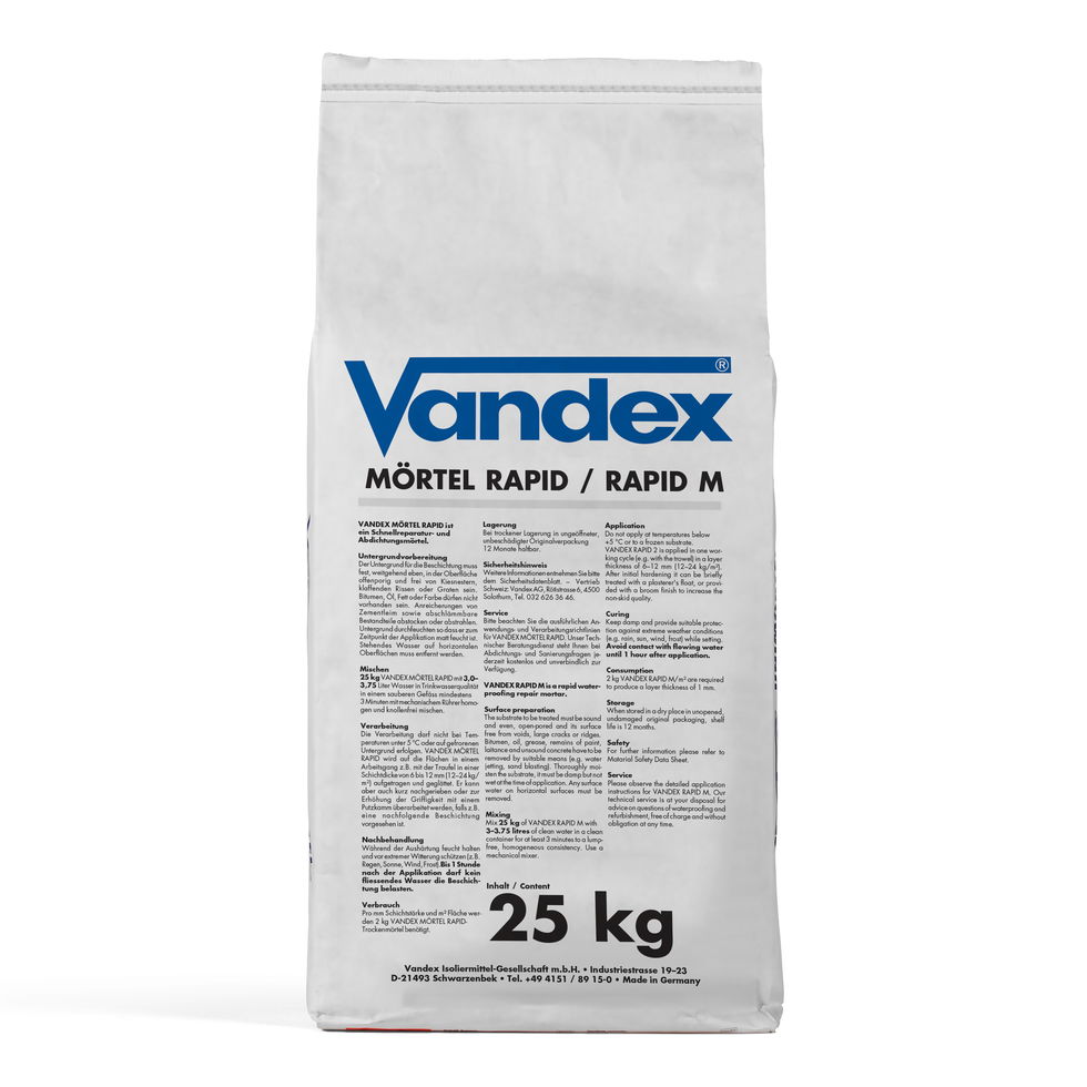 A 25 kg bag of Vandex Rapid M, a rapid setting cementitious repair mortar.