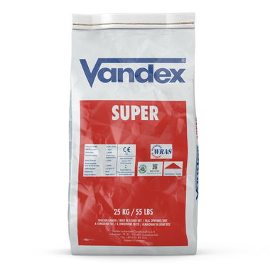 A 25 kg bag of Vandex Super, a cement-based waterproofing slurry specifically designed for concrete waterproofing applications.
