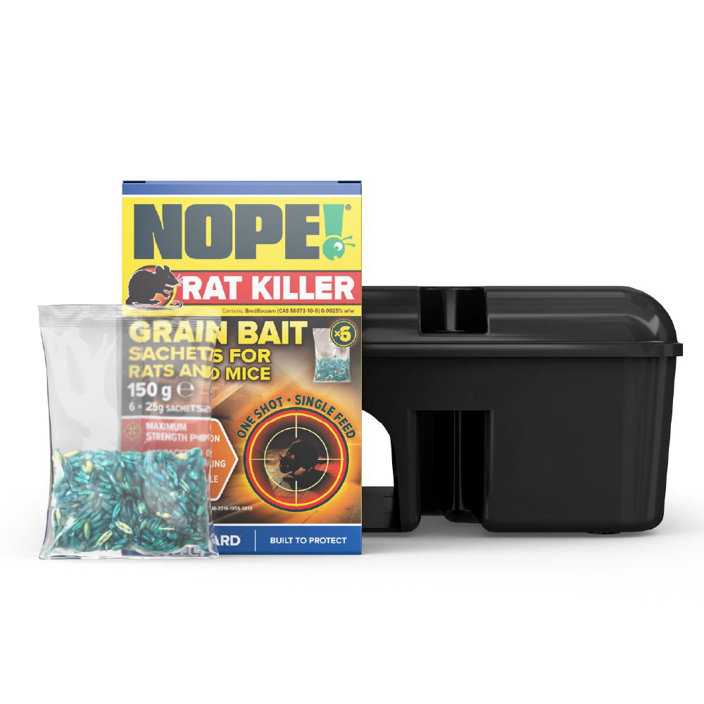 NOPE! Rodent Grain Bait Box and Bag with Bait Station (white b/g)