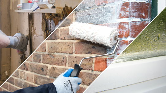 An image split into three, showing replastering, Stormdry application and a window with condensation visible.