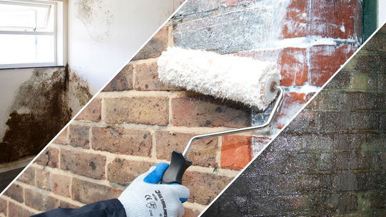 an image split into 3 sections: a damp internal wall, a contractor applying Stormdry and a damp external wall.
